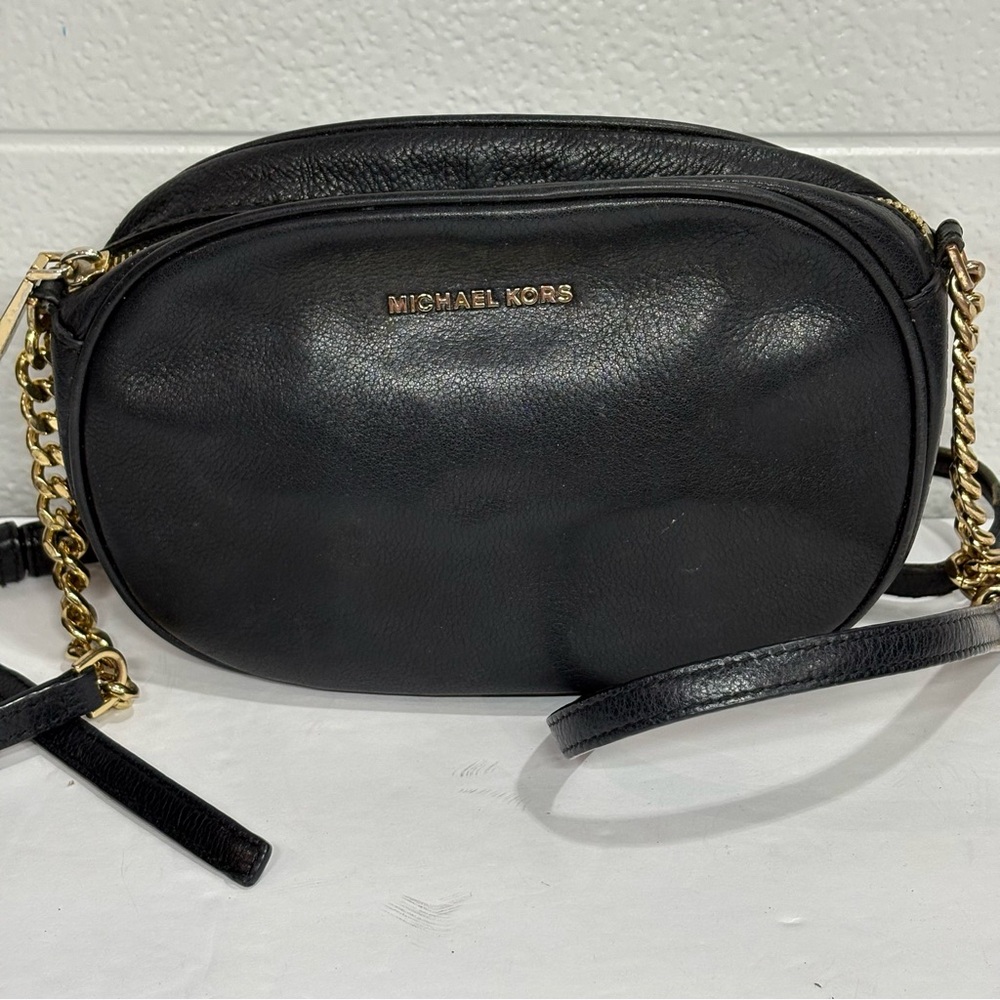 Michael Kors Small Black Crossbody with Gold Chain Accented Crossbody Strap